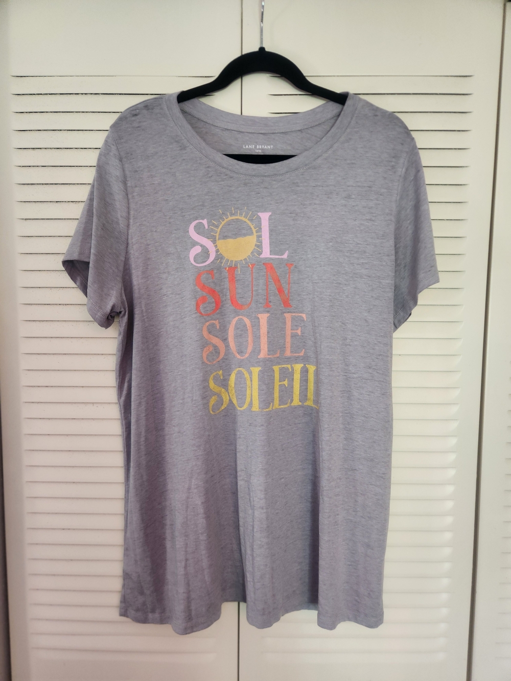 Lane Bryant Gray Short Sleeve Tee with Multicolor 'Sol Sun Soleil' Print